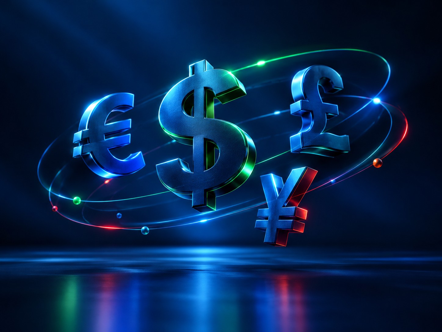 Floating 3d currency symbols of the dollar euro pound and yen orbiting each other