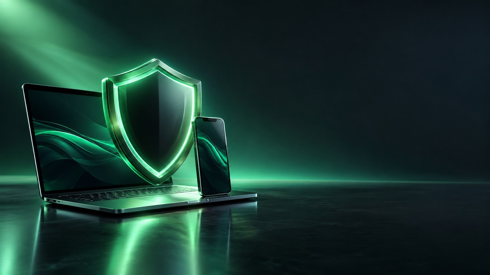 Large glowing shield over a laptop and phone