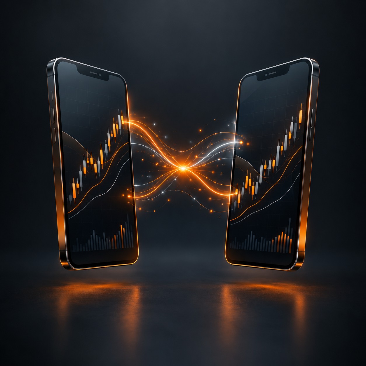 Two phones mirroring the same trade chart connected by light