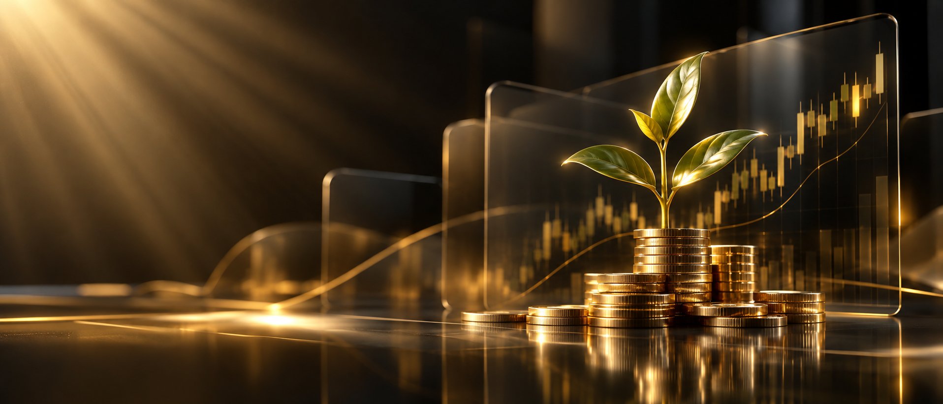 Coins growing from a small plant beside a stock chart